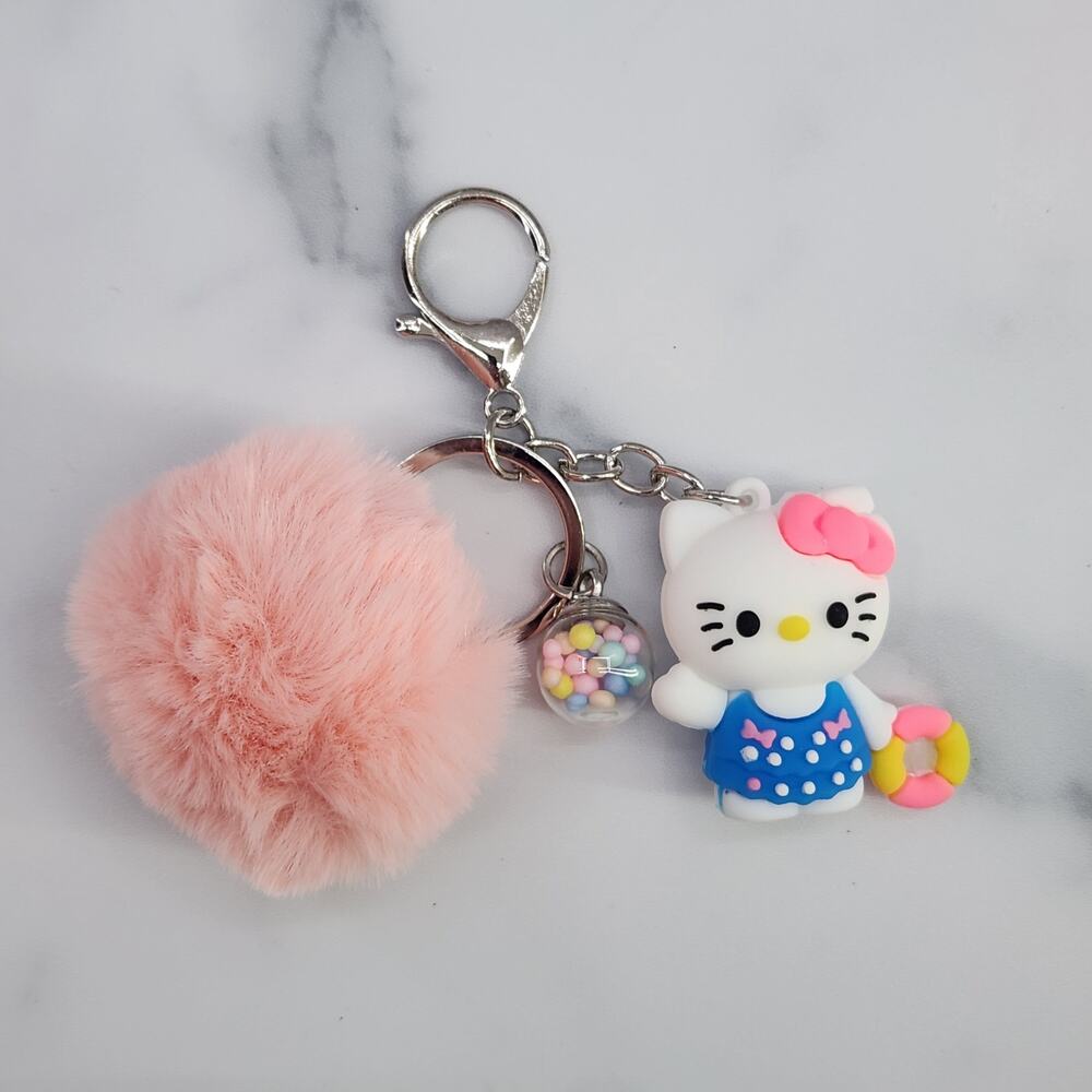 Hello Kitty 3D Figure Keychain, puff ball & mini bead filled bubble Blue & Peach
